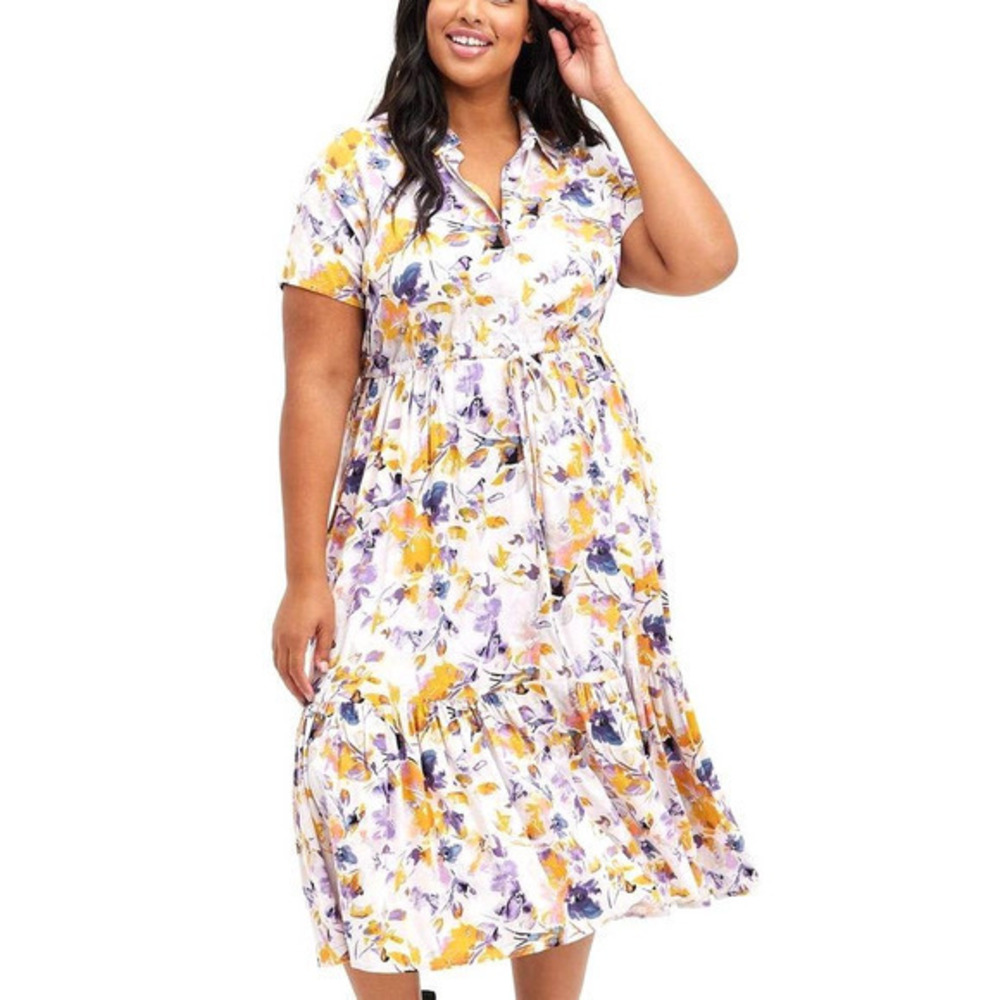Torrid 1 (1X 14/16) White Floral Watercolor Midi Challis‎ Button Up Shirt Dress